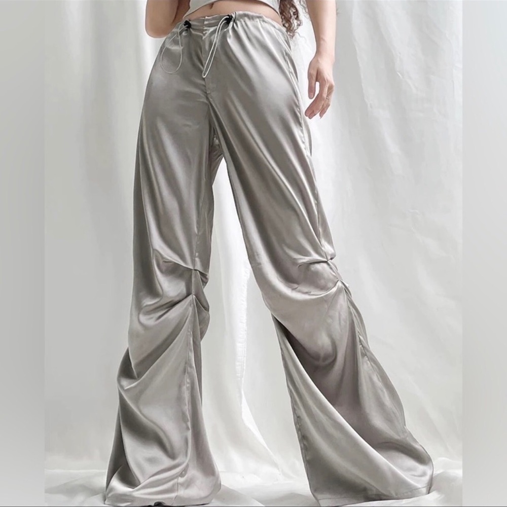 Heather Grey Silver Wide Satin Pant With Adjustable Cinch Ties